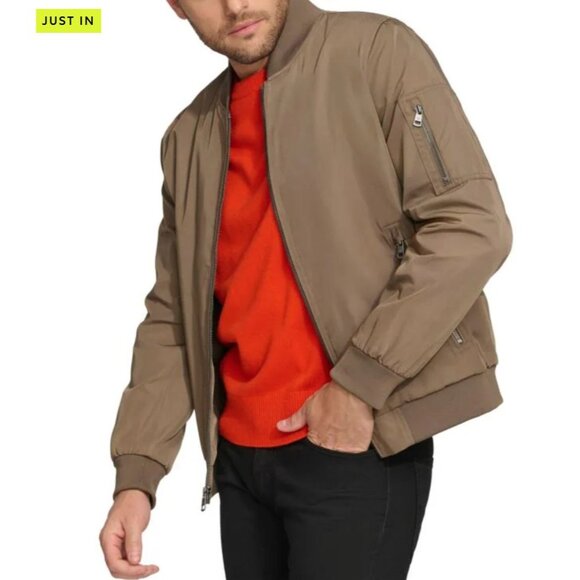 NWT Calvin Klein Men's Dark Tan Ribbed Collar Bomber Flight Jacket Sz Large 2763 - Picture 2 of 13